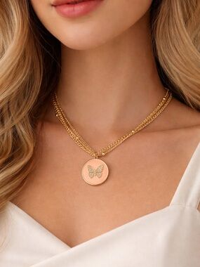 Guess Gold-Tone Multi-Chain Necklace with Peach Enamel Butterfly